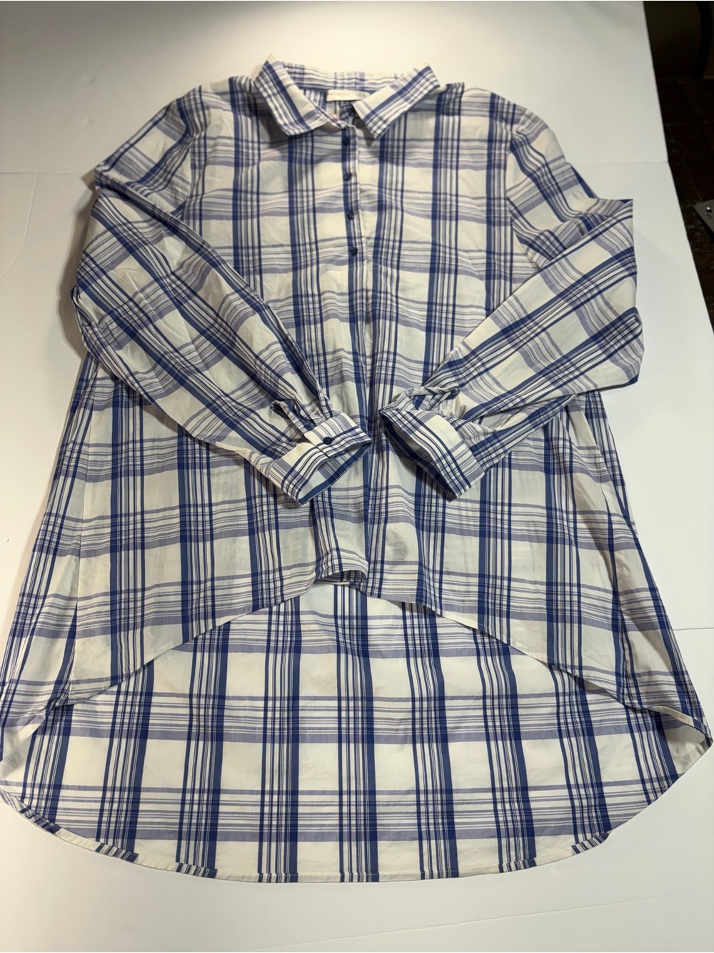Patrizia Luca Milano Plaid High-Low Popover Blouse Blue White XL